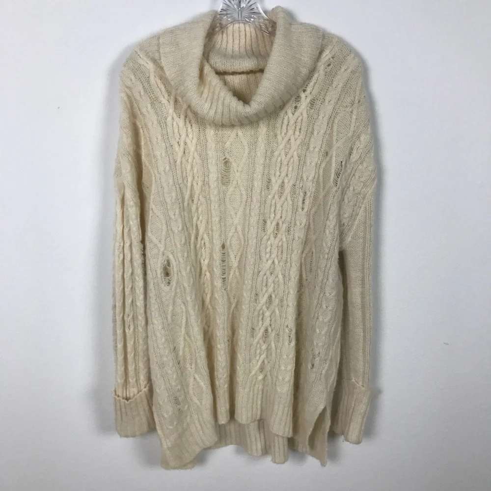 Free People Ivory Distressed Cowl Neck Sweater